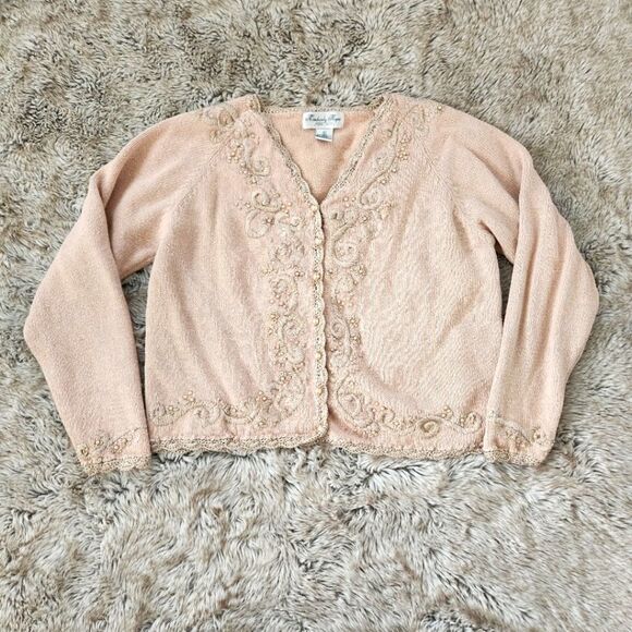 Kimberly Hope Vintage Knit, Embroidered, and Beaded Cardigan Sweater Beige Med - Picture 1 of 10
